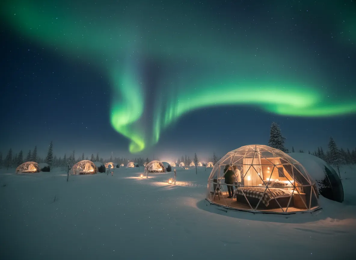 Glass Igloo under the Aurora